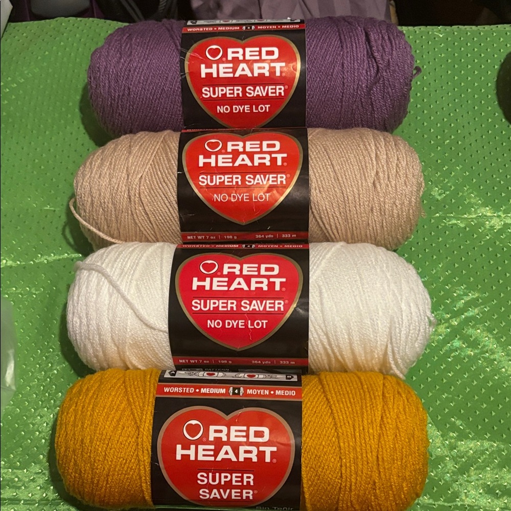 Red Heart Super Saver Yarn Bundle - Purple, Tan, White, Gold